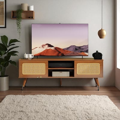 Mid Century Modern Rattan TV Stand with Sliding Doors, Solid Wood Legs & Charging Station for 55/60/65 Inch TVs