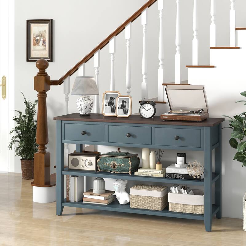 Gymax 50'' Farmhouse Entryway Table w/3 Storage Drawers and 2 Open