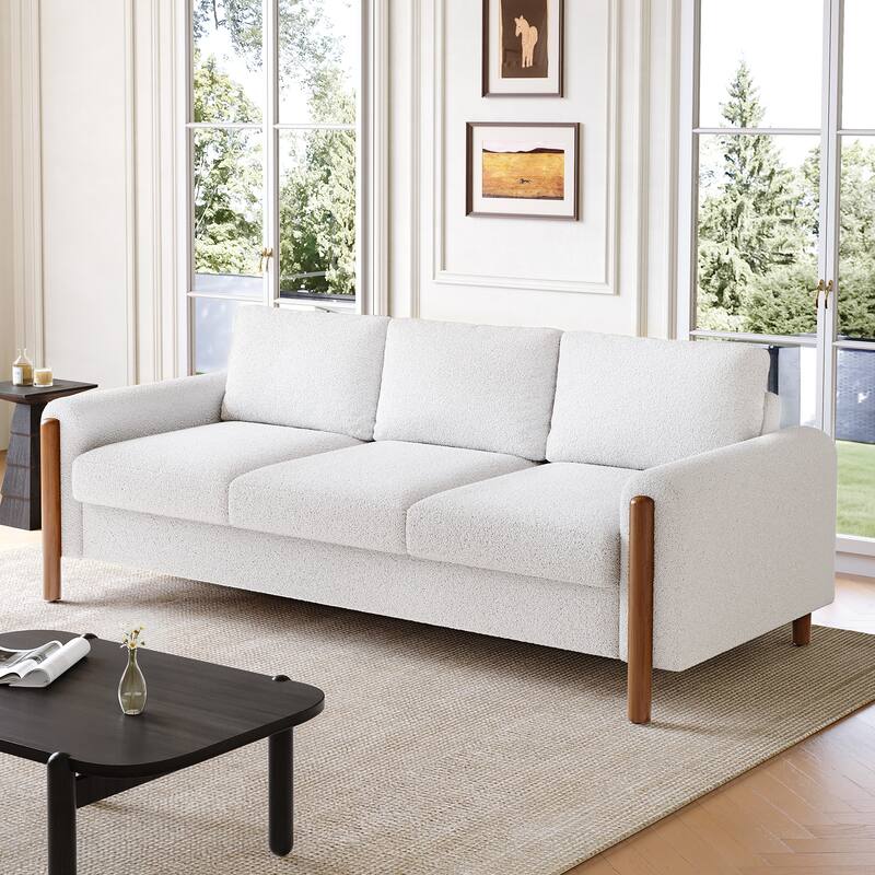 83.86" 3-Seater Sofa, Curved Armrest with Integrated Solid Wood Legs, Teddy Velvet Fabric, High Weight Capacity - Cream White