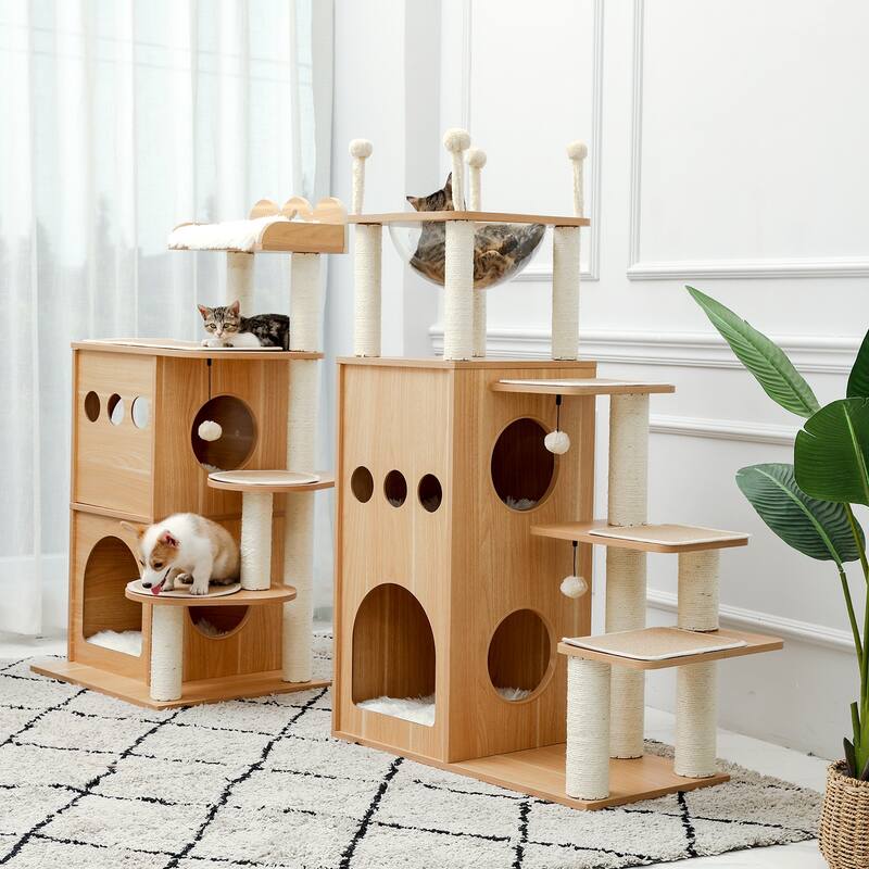 Extra Tall Sky-Castle Design Wooden Modern Luxury Cat Tree - Beige