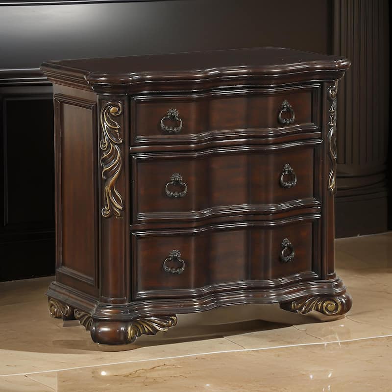 3 Drawer Nightstand with Carved Pilaster and Bracket Feet, Cherry Brown