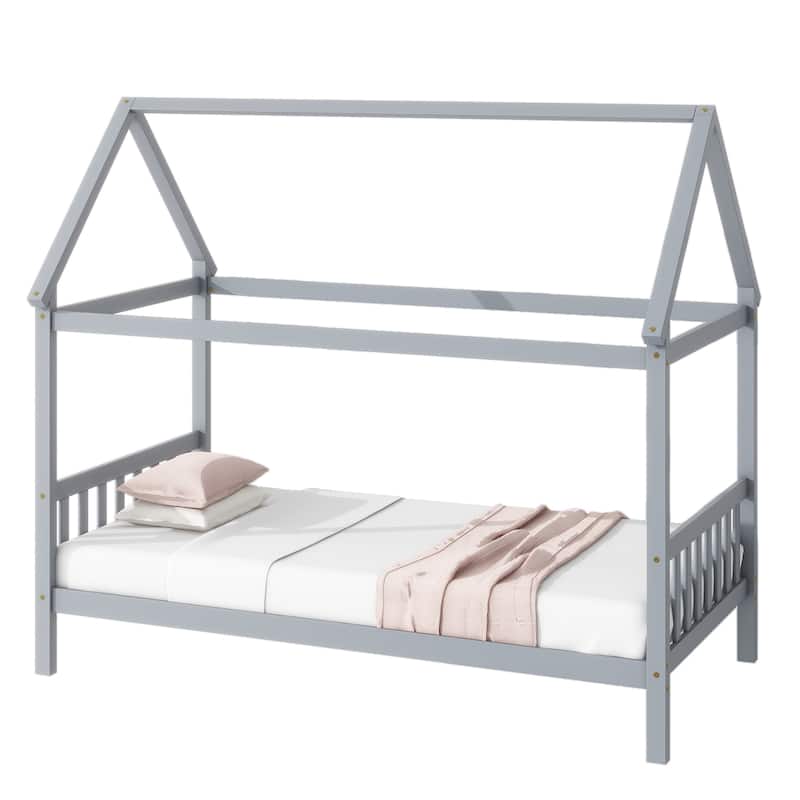 House Bed with Headboard and Footboard, Twin Rubber Wood Bed with House Frame