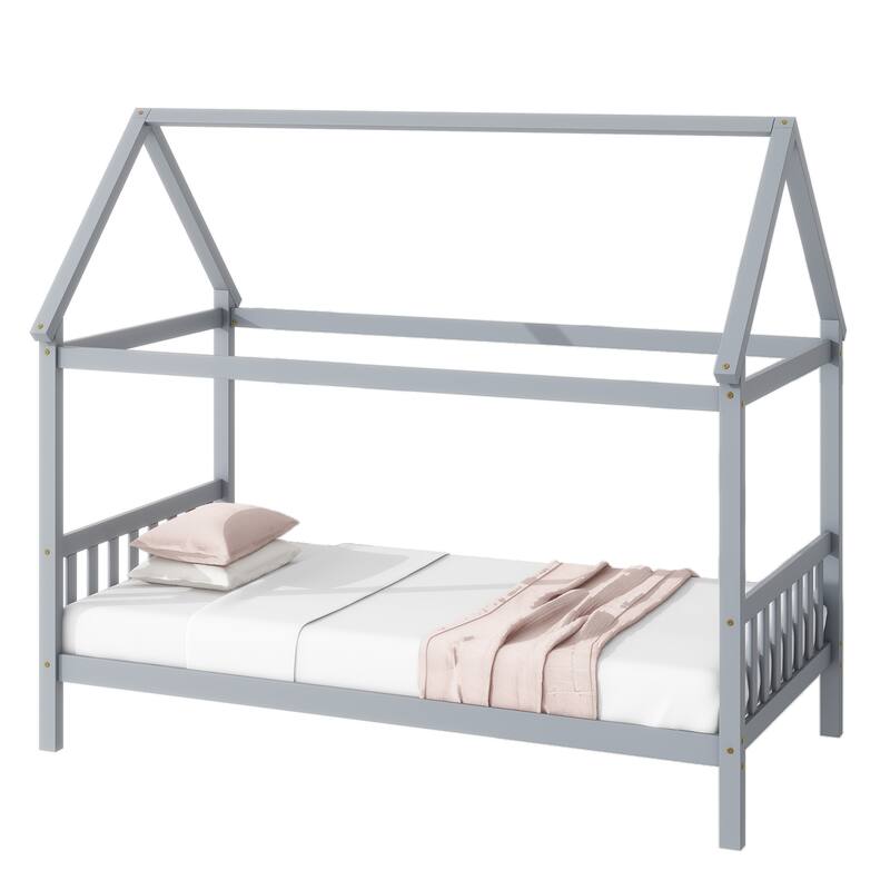 Twin House Bed with Headboard and Footboard, Light Grey Rubber Wood Frame