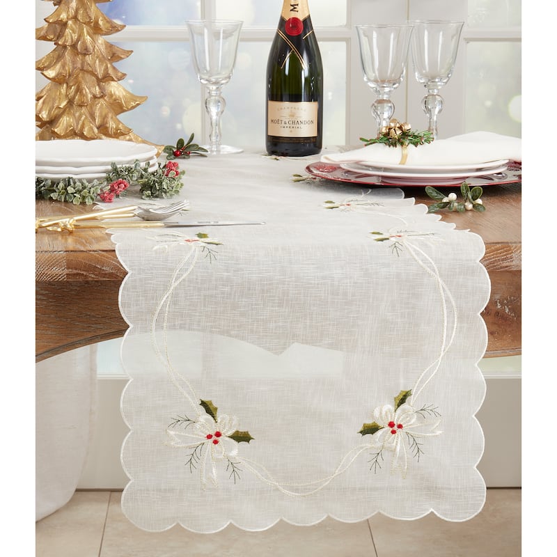 Embroidered Table Runner With Holly and Ribbon Design