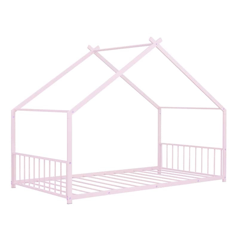 Pink Twin Size Metal House Bed with Roof, Fence, and Back