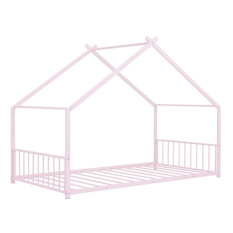Pink Twin Size Metal House Bed with Roof for Kids - Play & Sleep Design