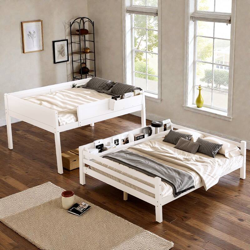 Wooden Bunk Bed Frame with Built-In Storage Shelves, Convertible to Two Beds, No Box Spring Needed