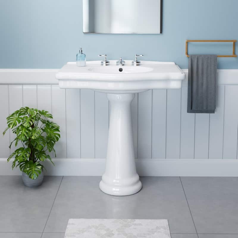 Darbyshire White Bathroom Pedestal Sinks with 8 in. Widespread Faucet Holes