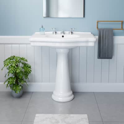 Darbyshire White Bathroom Pedestal Sinks with 8 in. Widespread Faucet Holes