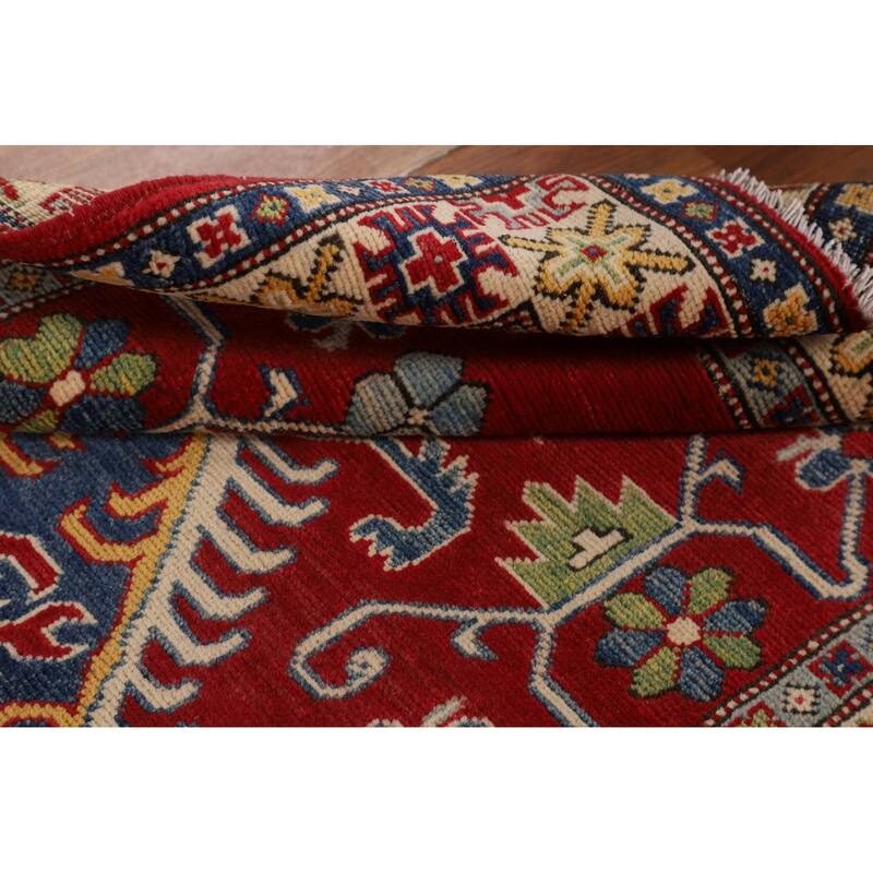 Red Geometric Kazak Rug Handmade Oriental Foyer Wool Carpet - 3'3" x 5'5"