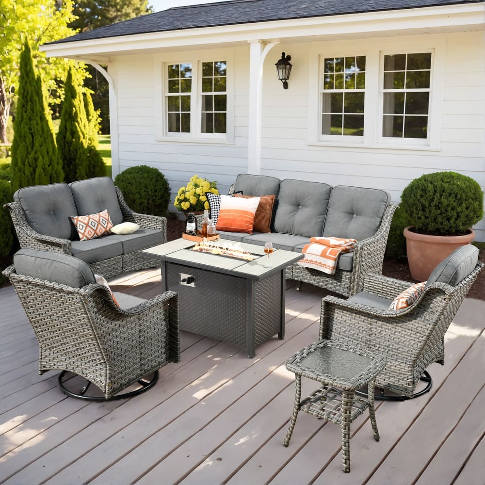 OVIOS 6 Pieces Outdoor Wicker Curved Swivel Chair Set With Fire Table