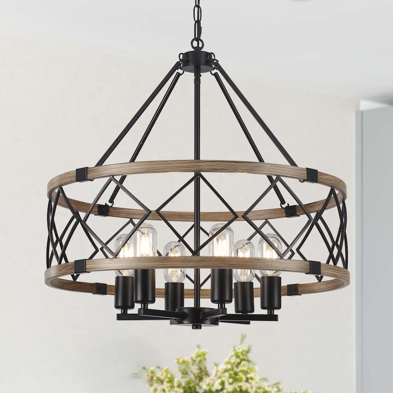 6- Light Dimmable Classic Geometric Drum Chandelier for Foyer Kitchen Island Living Room - N/A - Black/Imitation wood grain