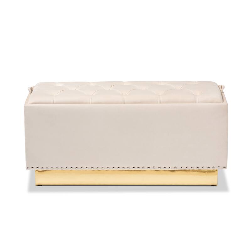 Powell Glam and Luxe Velvet Fabric and Gold PU Leather Storage Ottoman