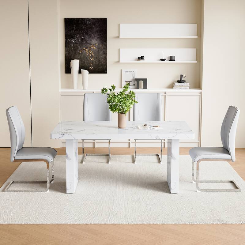5 Piece Rectangular Dining Table Set, Modern 63" Imitation Marble Dining Table w/ 4 PU Upholstered Chair for Kitchen