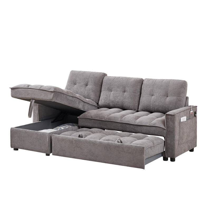 78.75" Chenille Pull-Out L-Shaped Sectional Sofa Bed with Charging Ports and Storage Chaise