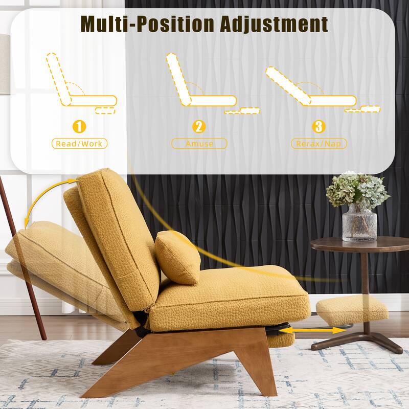 HOMEFUN Upholstered Modern Multi-Position Adjustable Wooden Base Lounge Chair with Footrest and Lumbar Pillow