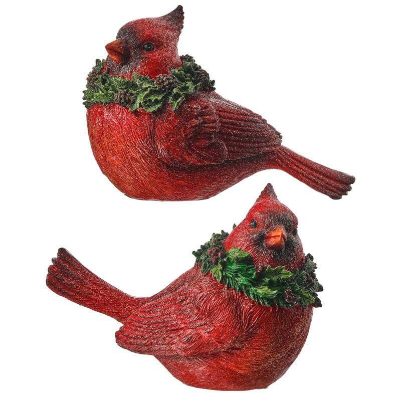 6.5" Resin Glitter Cardinal With Holly Set of 2