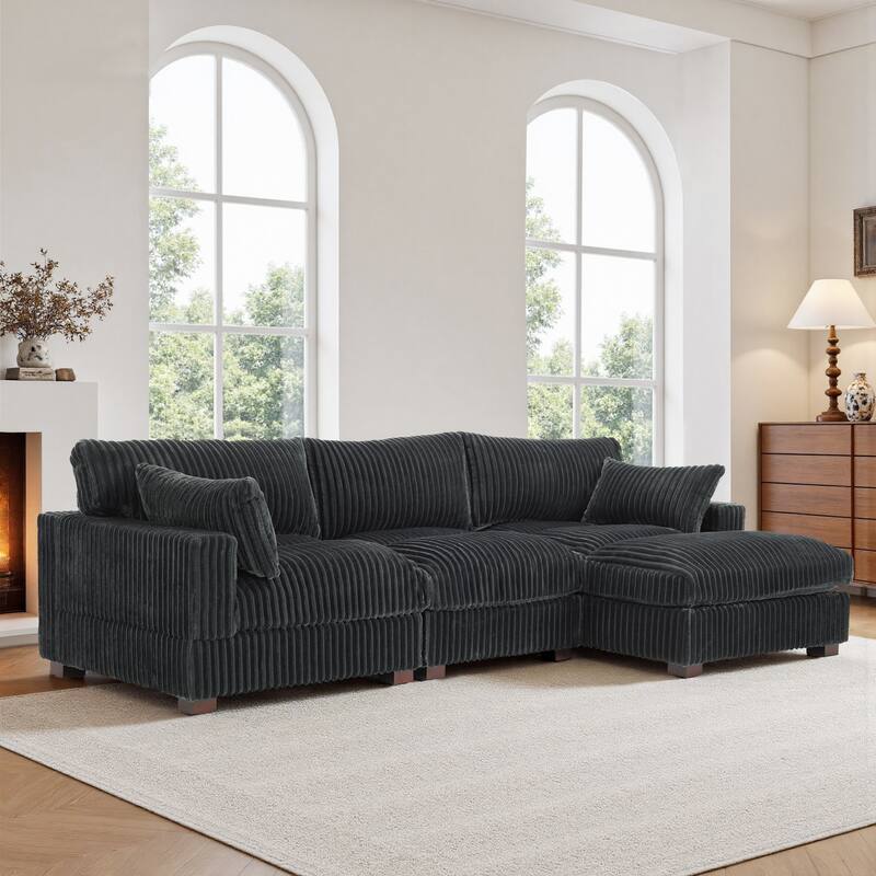 Plush Corduroy Upholstered Modular Sectional Sofa with Chaise - Right Facing - Grey-3 Pieces