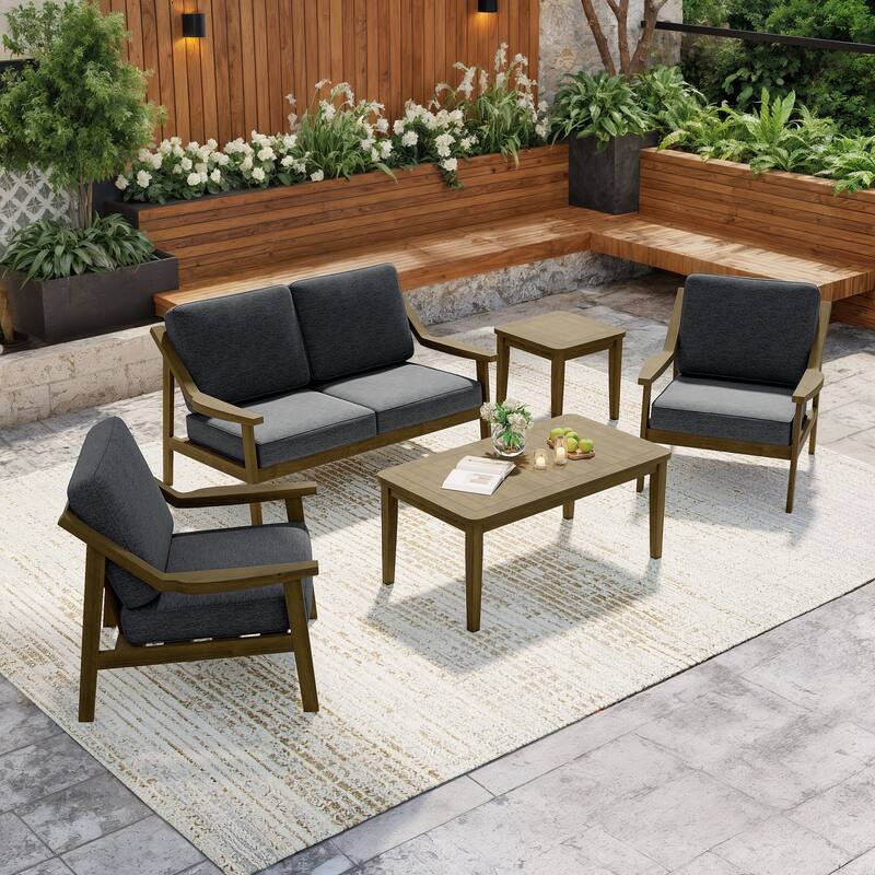 5-Piece Outdoor Sectional Wood Conversation Set with Table - Dark Grey - Brown Wood
