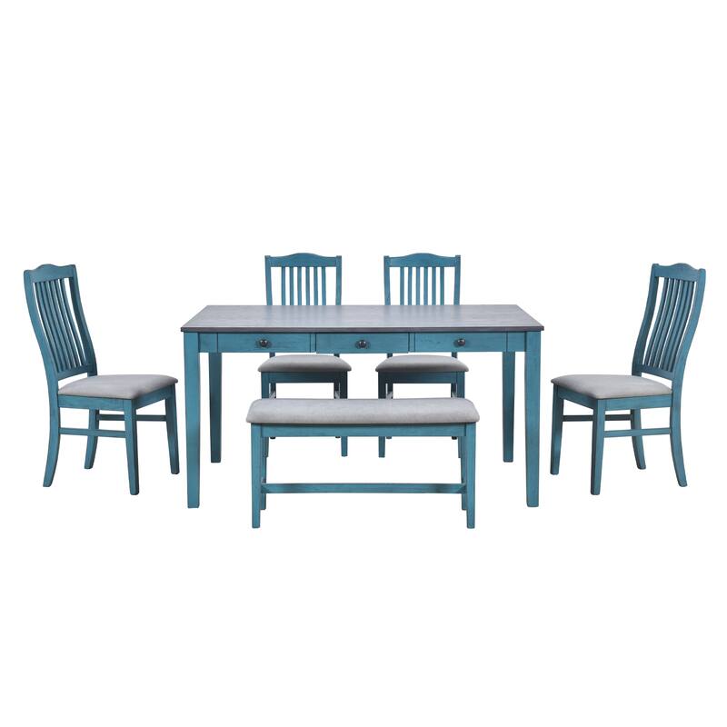 6-Piece Mid-Century Dining Set with Solid Wood Table, Upholstered Chairs, and Storage Bench - Seats 6