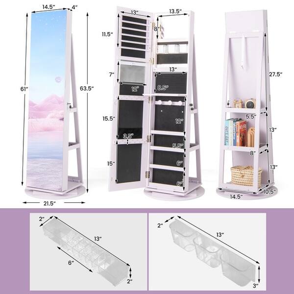 dimension image slide 2 of 8, 360° Rotating Mirrored Jewelry Cabinet Armoire 3 Color LED Modes Lockable - 21.5" x 21.5" x 63.5" (L x W x H)