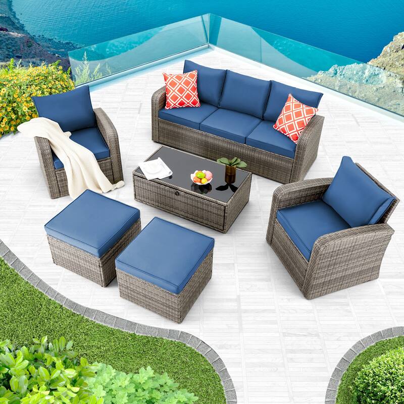 6-Piece Rattan Patio Set with Fire Pit Table, Outdoor Conversation Set with Cushions, Weather-Resistant Sofa Sectional - 6-Piece - Navy Blue