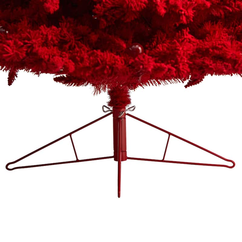 8ft. Red Flocked Fir Artificial Christmas Tree with 700 Red Lights, 45 Globe Bulbs & 1468 Branches - Bold X-Mas Statement Tree