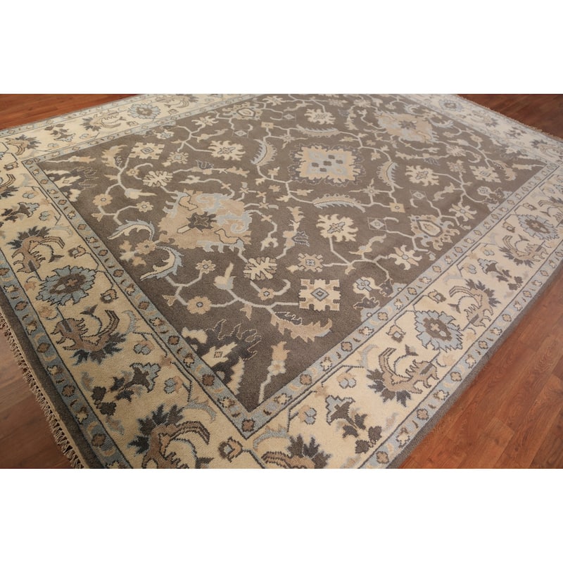 Brown Floral Oushak Indian Area Rug Hand-Knotted Wool Carpet - 9'0"x 11'10"