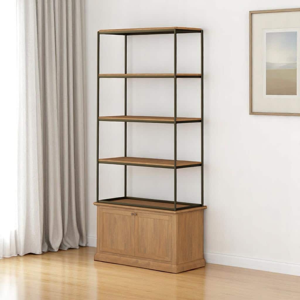 HomeRoots 42" Antiqued Brass And Light Brown Distressed Metal and Solid Wood Four Tier Bookcase with Two Doors
