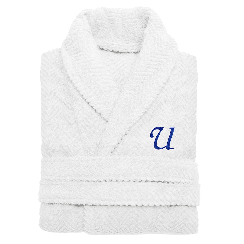 Authentic Hotel and Spa White with Royal Blue Monogrammed Herringbone Weave Turkish Cotton Unisex Bath Robe - S/M - U