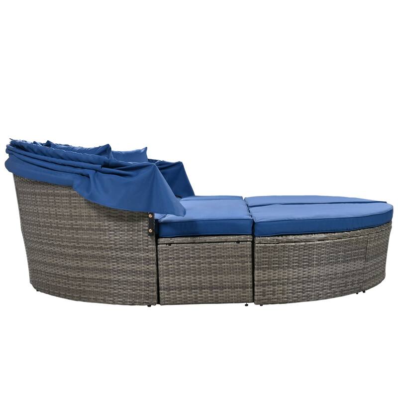 Modern Round Outdoor Rattan Sofa Bed with Retractable Canopy, Convertible into Coffee Table, Suitable for Patio and Outdoor Pool