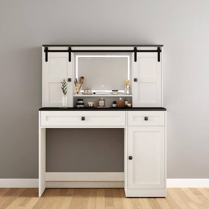 White Dressing Table with LED Mirror, 43" Farmhouse Makeup Vanity with Storage Cabinet & Hair Dryer Shelf - White