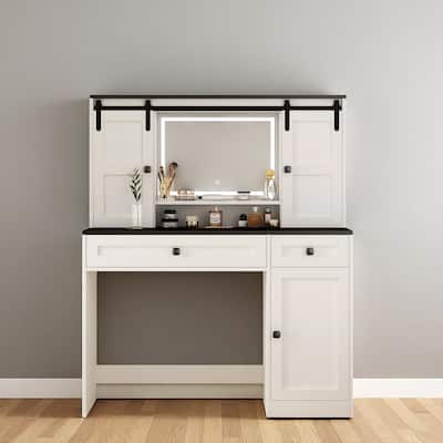 White Dressing Table with LED Mirror, 43" Farmhouse Makeup Vanity with Storage Cabinet & Hair Dryer Shelf