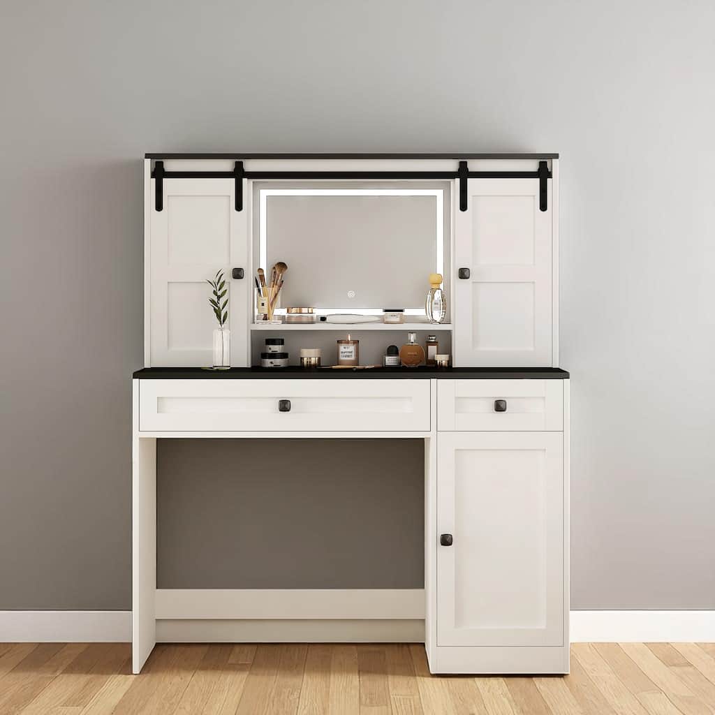 White Dressing Table with LED Mirror, 43" Farmhouse Makeup Vanity with Storage Cabinet & Hair Dryer Shelf