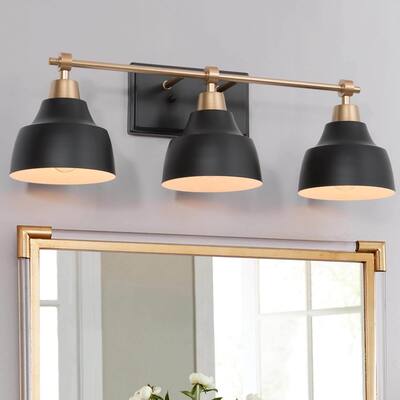 Modern Gold Black 3-Light Metal Cone Bathroom Vanity Lights for Powder Room - L24.5"x W 7"x H 8"
