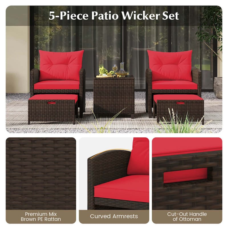 Costway 5 Piece Patio Rattan Furniture with 2 Ottomans & Tempered - See Details