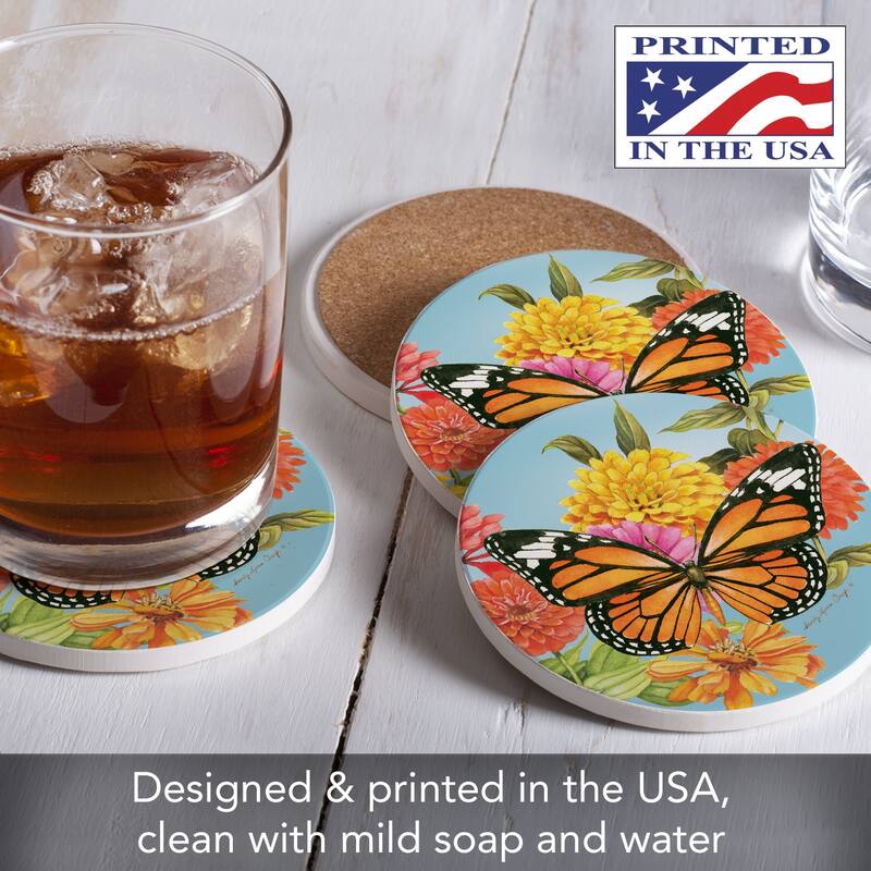 CounterArt Beautiful Monarch Absorbent Stone Tumbled Tile Coaster Set of 4 Made in The USA Protective Cork Backing