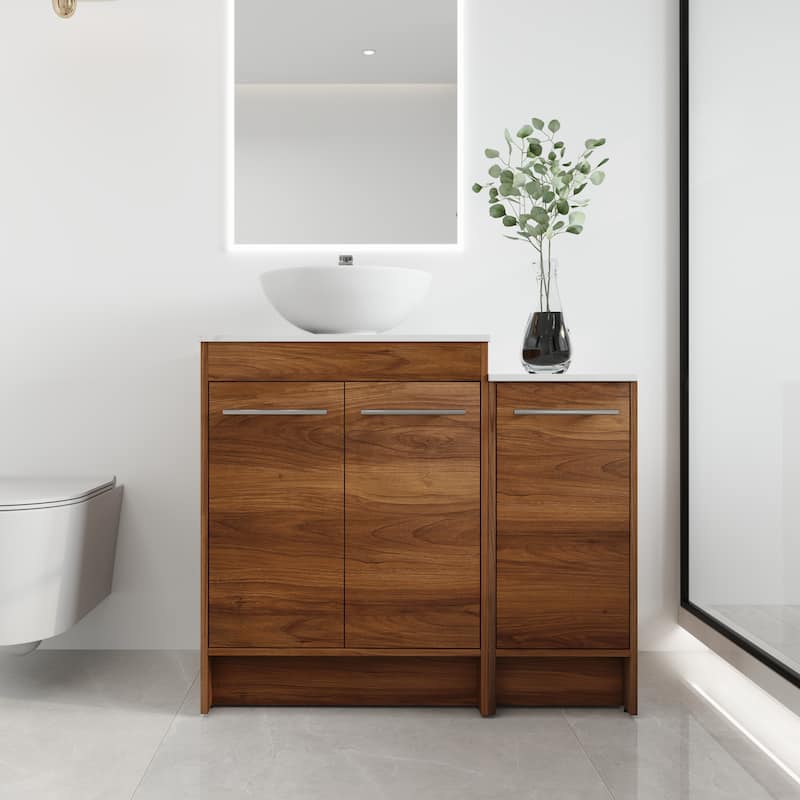 Malwee 24"/36"/48"/60" FreeStanding Bathroom Vanity, Floor Stand Bathroom Vanity with Ceramic Sink,Soft Close Door and Shelf - 35.4"×18.9" - Brown with sink-321