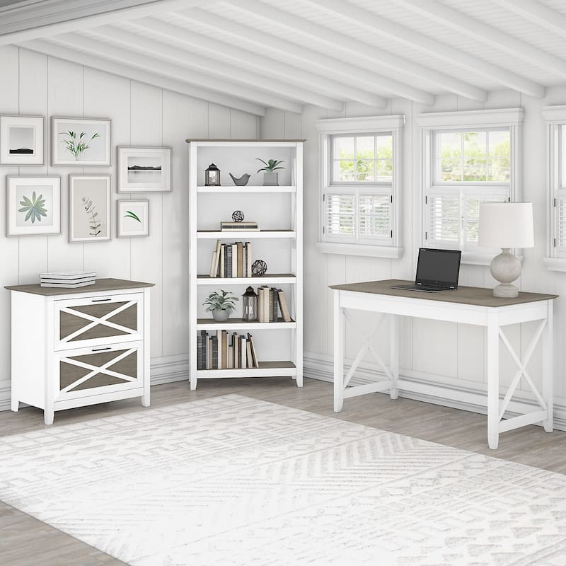 Key West 48W Writing Desk with Cabinet and Bookcase by Bush Furniture - Shiplap Gray/Pure White