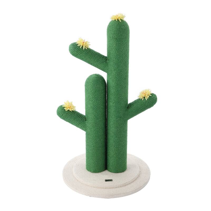 Socorro 34.25" Modern Jute Double-Cactus Cat Scratching Post with Flower Toys, Green/White