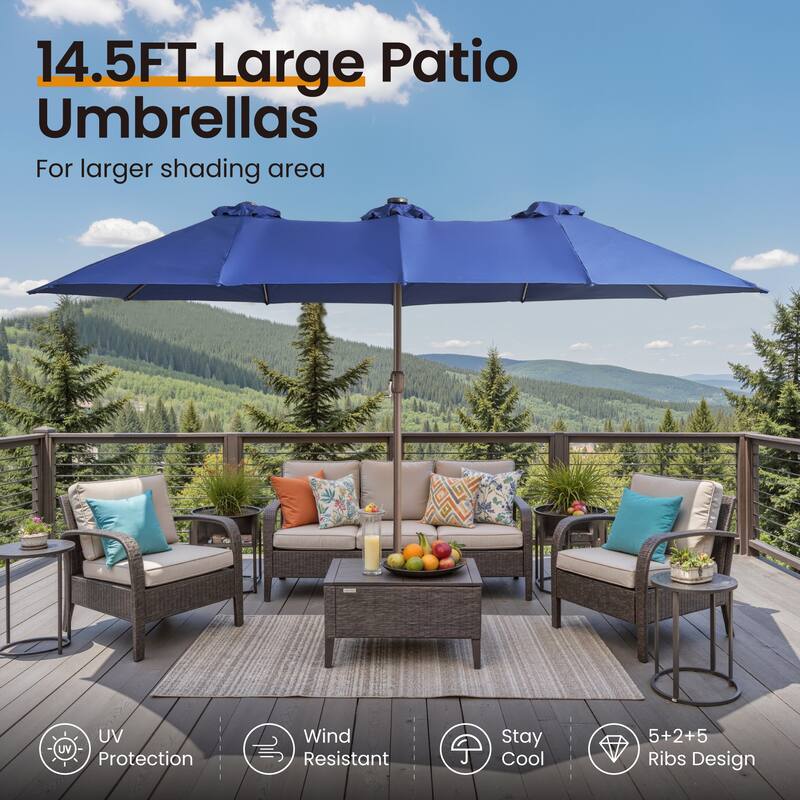 ​OVIOS 15ft Double-Sided Patio Outdoor Umbrella with Crank & Light