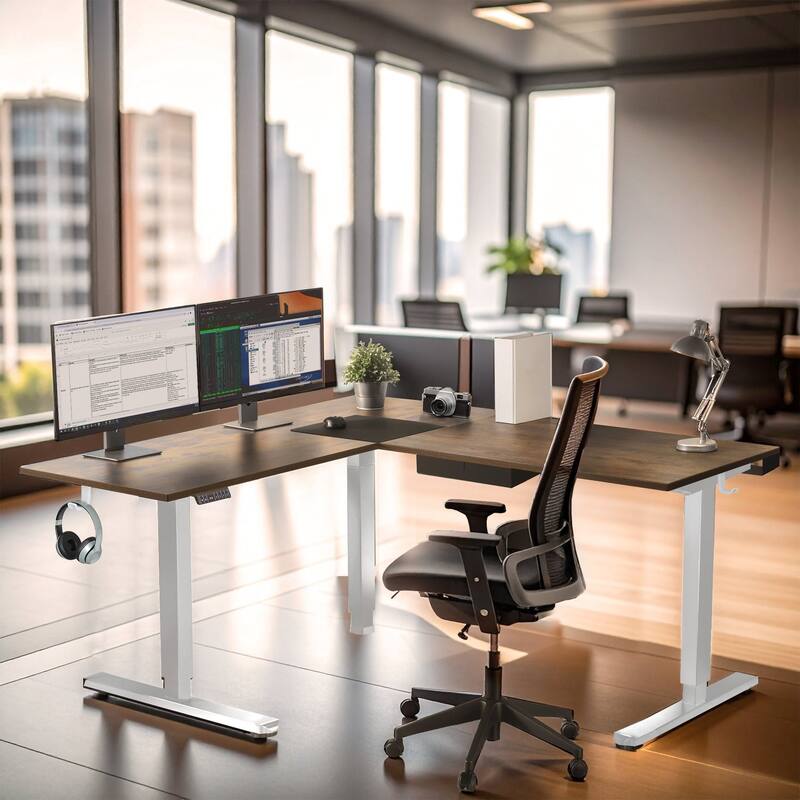 Mount-It! XL 75"W Electric Corner Adjustable Standing Desk, Brown/White (MI-15028)