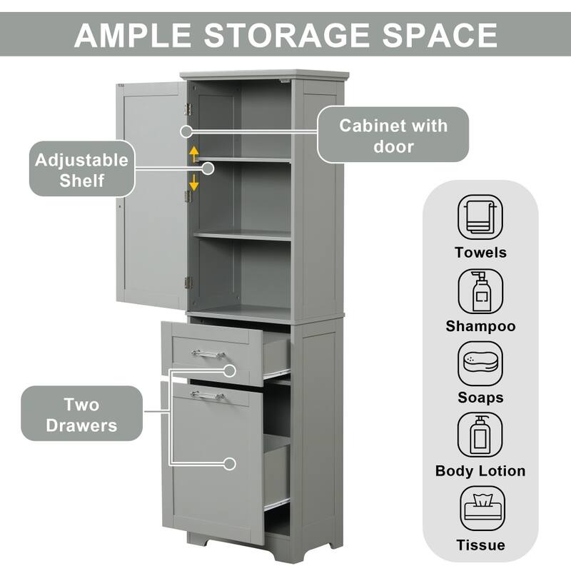 Tall Freestanding Bathroom Storage Cabinet with Two Different Size Drawers and Adjustable Shelf