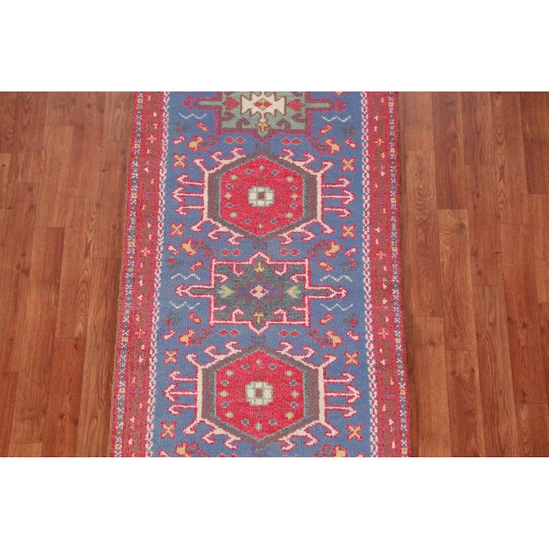 Hand Knotted Oriental 100% Wool Carpet Transitional Geometric Navy Blue & Blues Khotan Runner Rug - 9' 11'' X 2' 6''