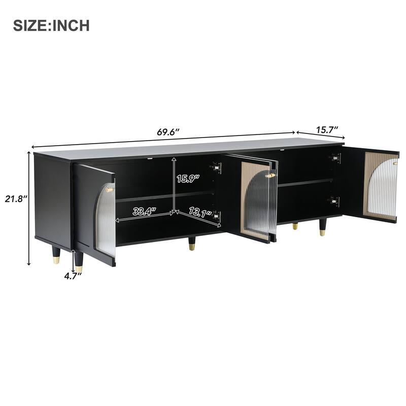 Modern TV Cabinet for TVs Up to 78" with Arch Fluted Glass Doors and Adjustable Shelves, for Living Rooms, Black