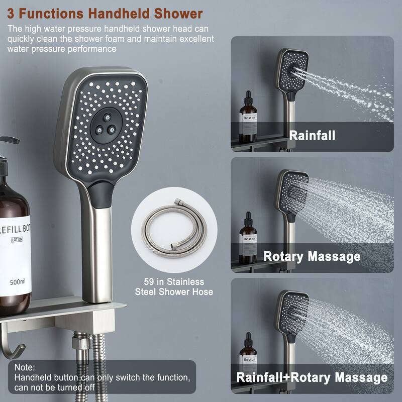 Wall Mounted 12 Inch Thermostatic 3 Functions Luxury Shower System