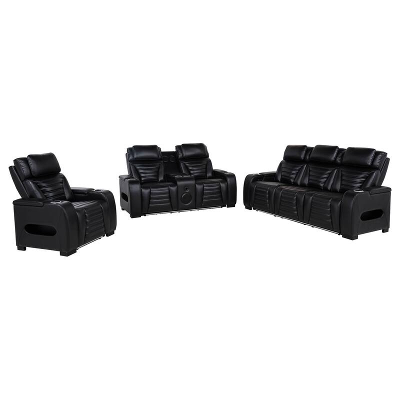 Zuma Faux Leather Dual Power LED Sofa Set Black