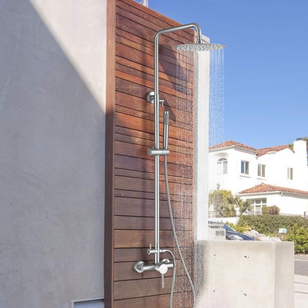 Outdoor 10 Inch Round Rain Shower Set with Handheld Shower (Adjustable Slider)