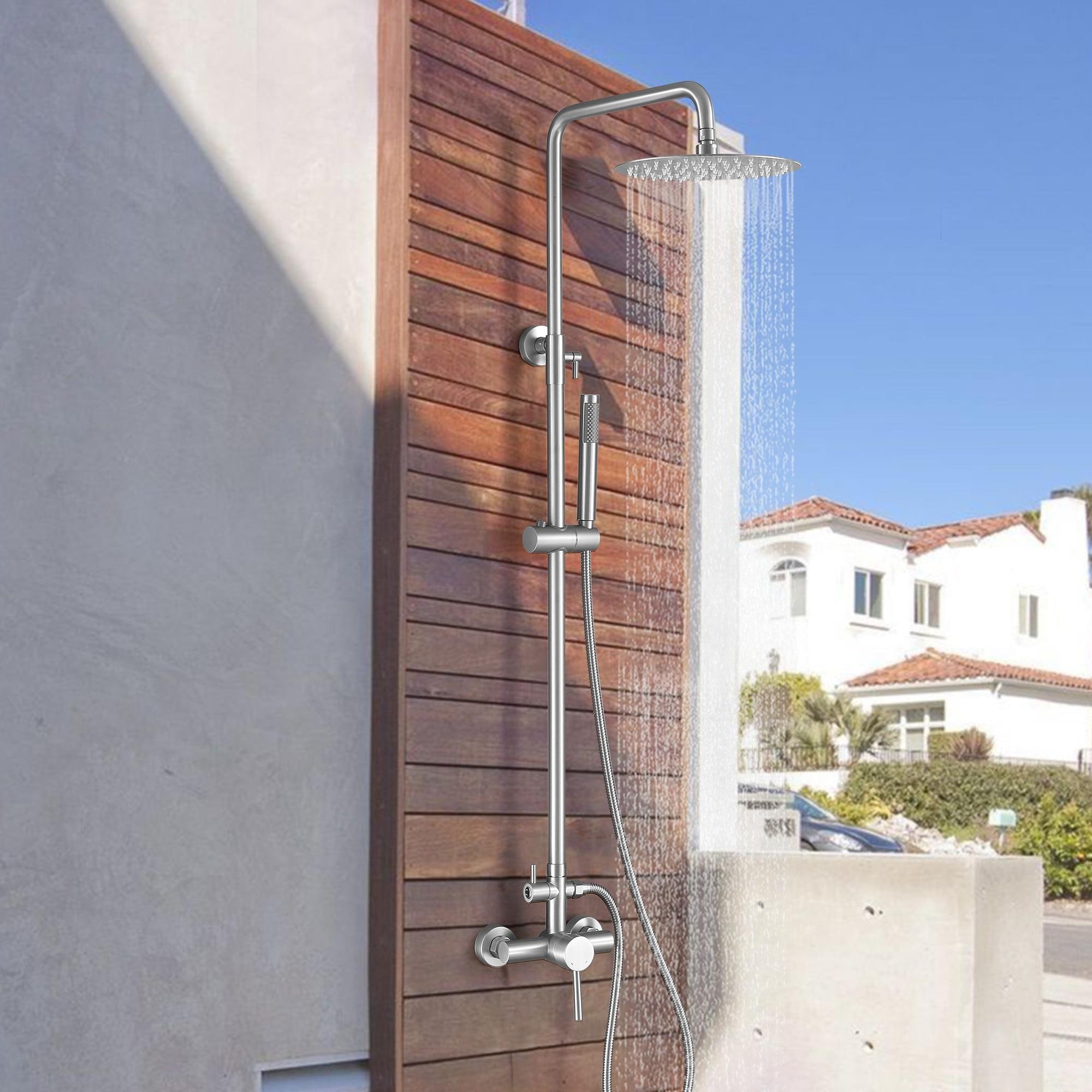 Outdoor 10 Inch Round Rain Shower Set with Handheld Shower (Adjustable Slider)