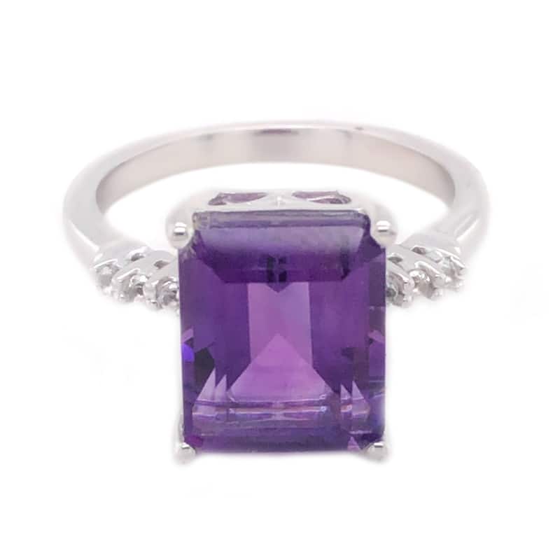 925 Sterling Silver African Amethyst and White Topaz Gemstone Solitaire Ring